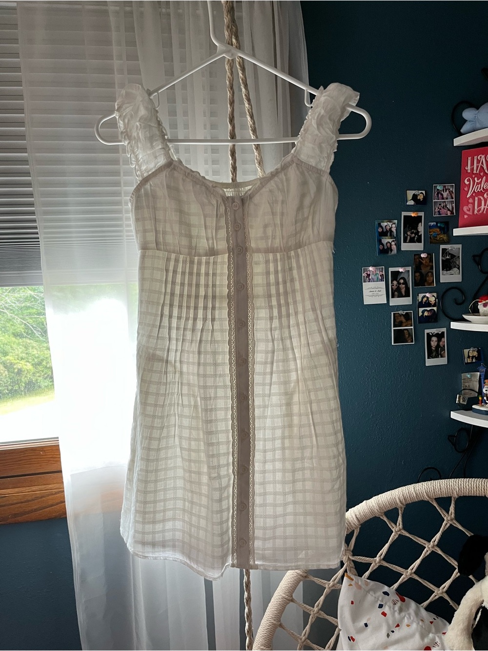 Hollister White Checked Sleeveless Chemise with Lace Trim